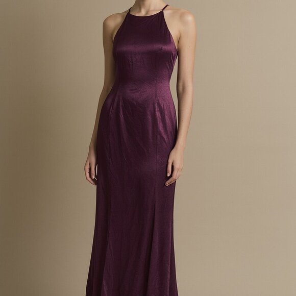 Vintage Dresses & Skirts - Vintage 90s Y2K Vittoria Virini Plum Halter Bias Satin Slip Maxi Dress Gown Sz S